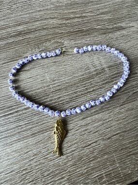 Handmade blue ceramic Beaded choker with Gold Fish Pendant